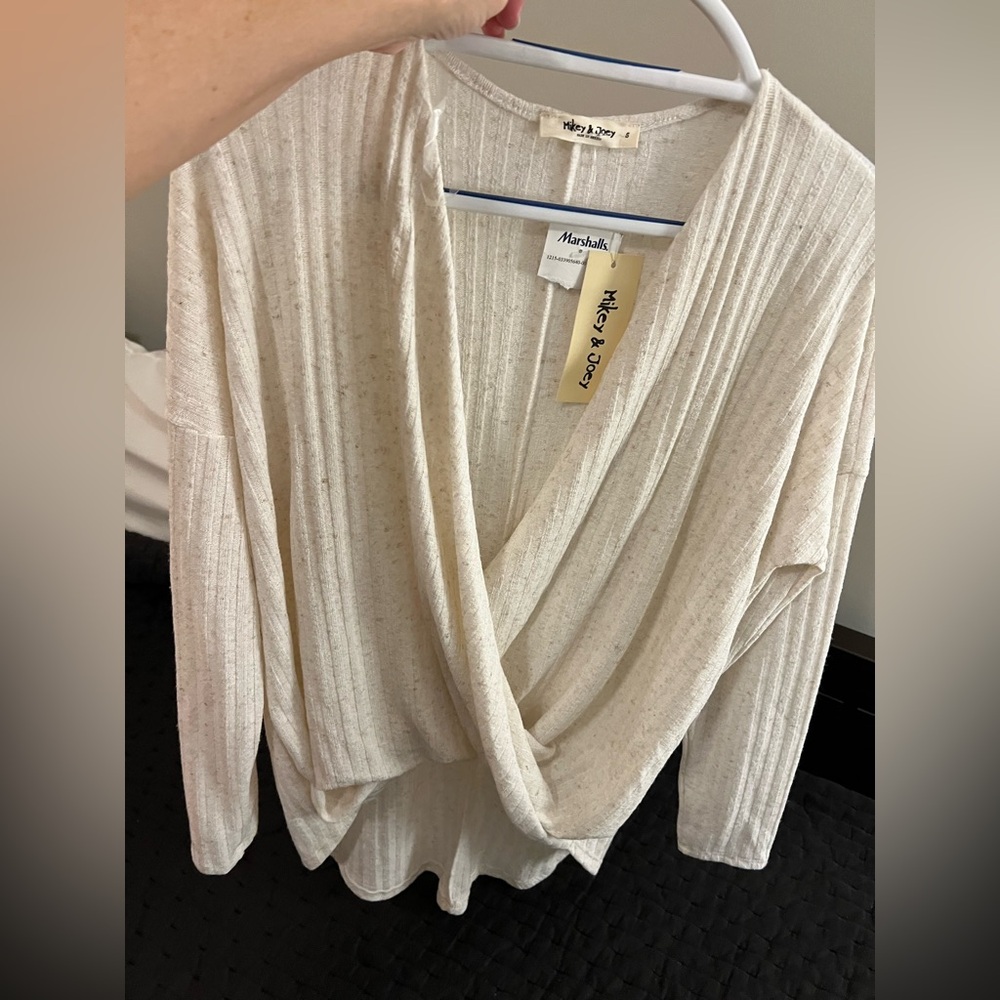 Cream Ribbed Wrap Sweater